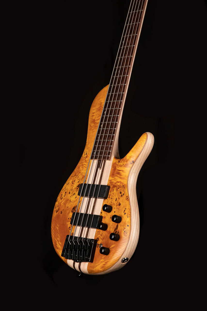 Cort A5PLUSSCAOP Artisan Series A5 Plus SC Bass Guitar in Amber Open Pore finish with flamed maple top and Bartolini MK-1 pickups.
