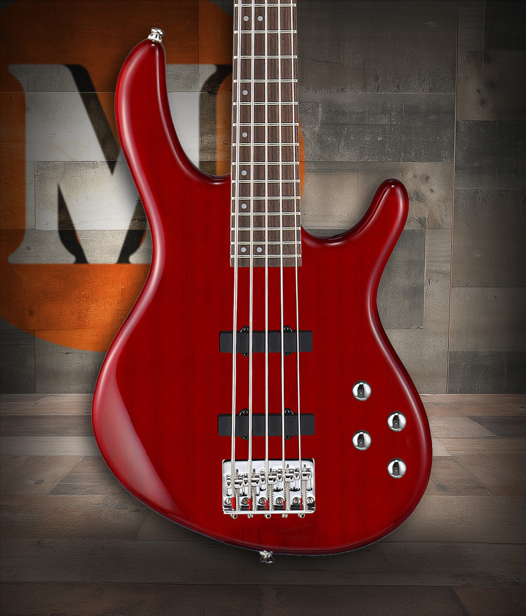 Cort Action Bass Plus 5-String Bass Guitar in Trans Red finish with active EQ and mahogany body design.
