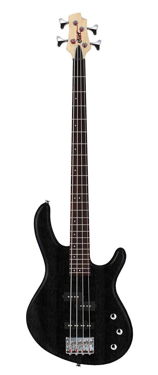 Cort ACTIONPJOPB Action PJ 4-String Bass Guitar in Open Pore Black finish with PJ pickup configuration and active EQ controls.