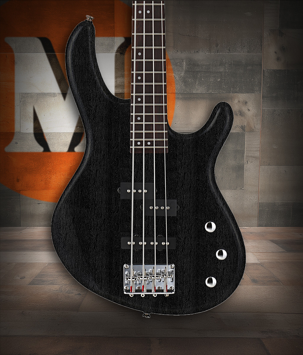 Cort ACTIONPJOPB Action PJ 4-String Bass Guitar in Open Pore Black finish with PJ pickup configuration and active EQ controls.