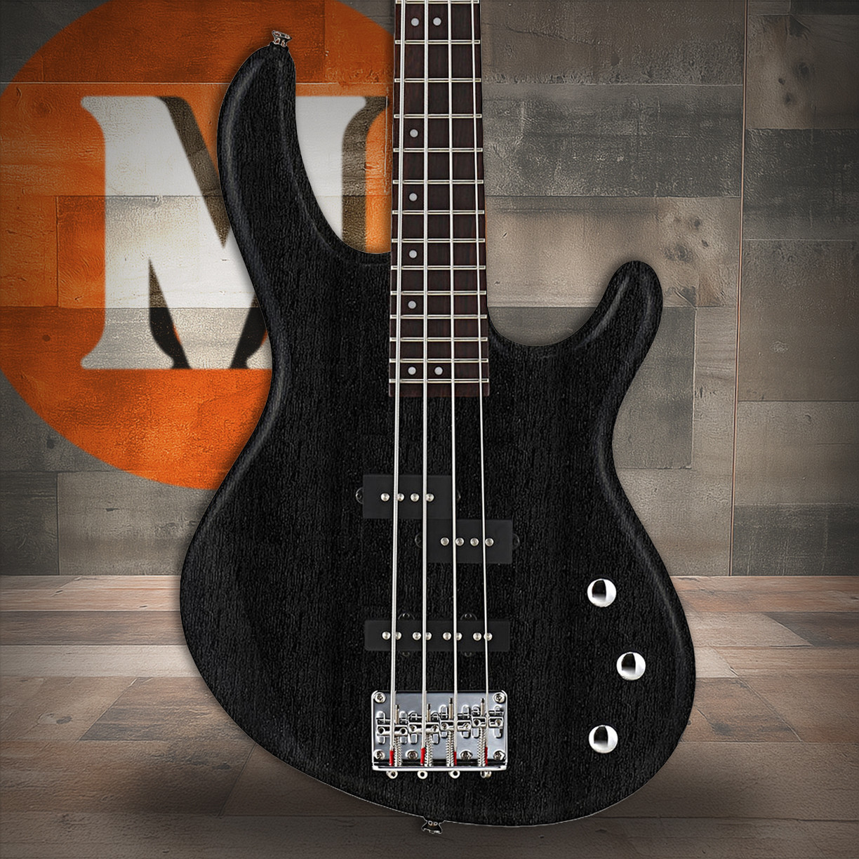 Cort ACTIONPJOPB Action PJ 4-String Bass Guitar in Open Pore Black finish with PJ pickup configuration and active EQ controls.