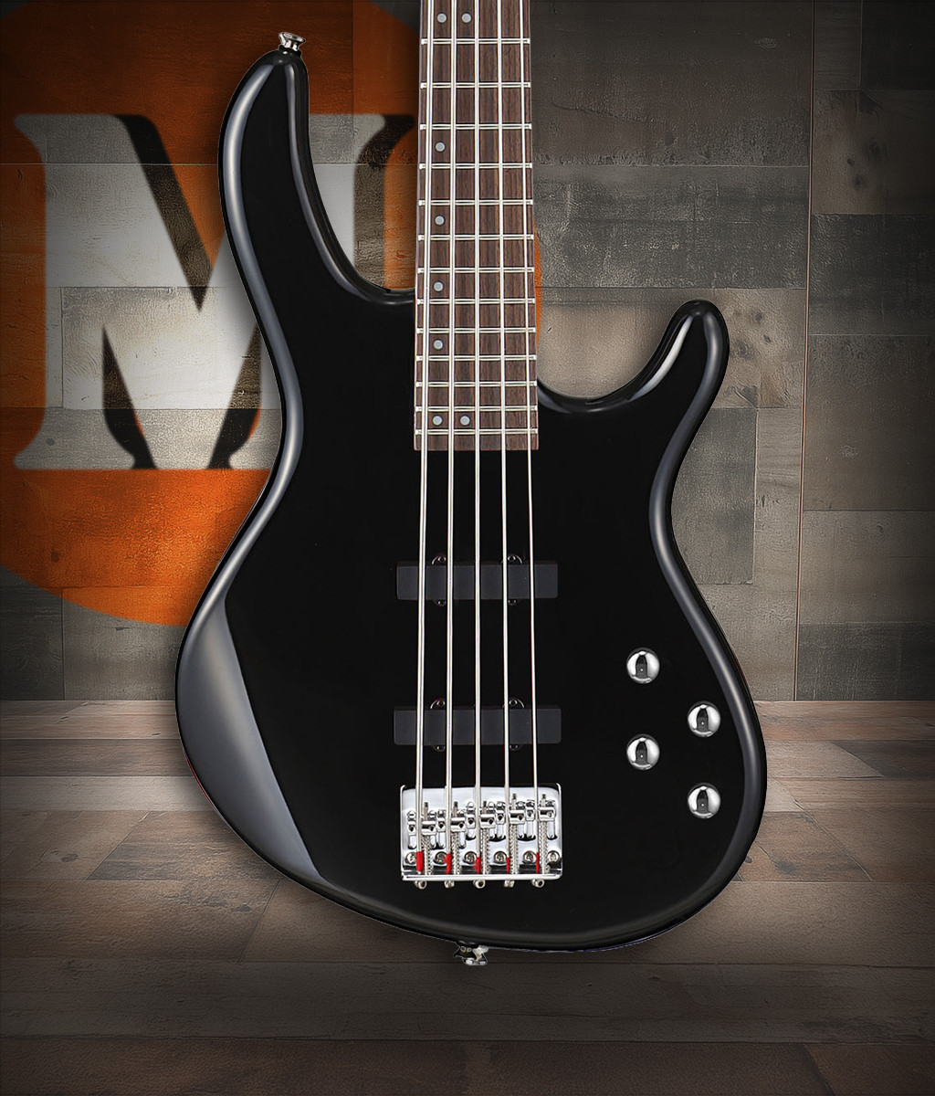 Cort ACTIONBASSVPLUSBK Action 5-String Bass Guitar in Black finish with active 2-band EQ and solid mahogany body.