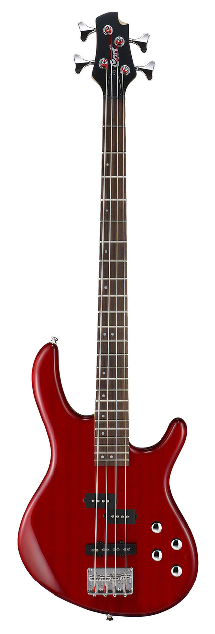 Cort ACTIONBASSPLUSTR Action 4-String Bass Guitar in Trans Red finish with active 2-band EQ and contoured body.