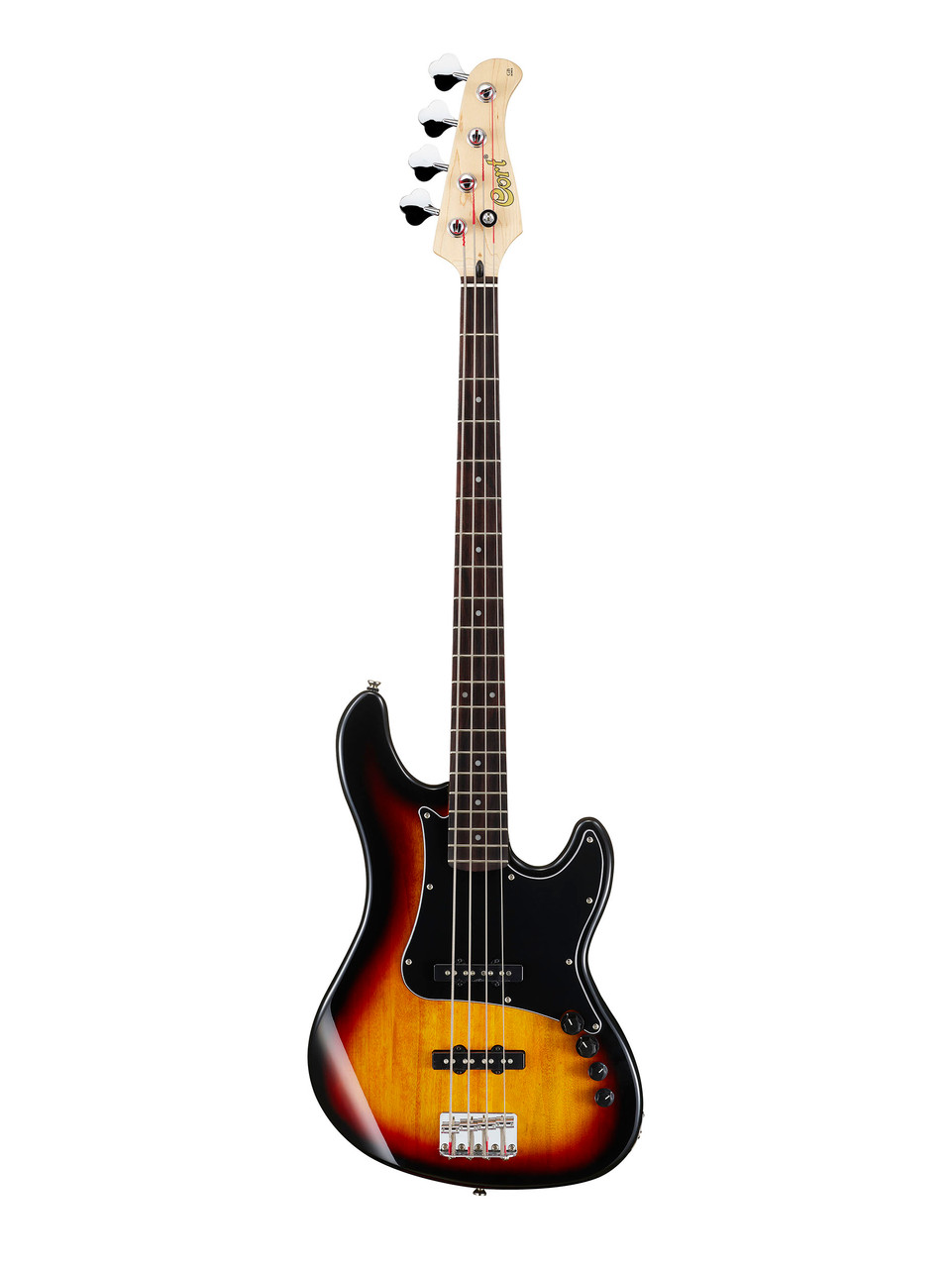 Cort GB34JJ3TS GB Series 4-String Bass Guitar in 3 Tone Sunburst finish with dual J-style pickups and active 2-band EQ.