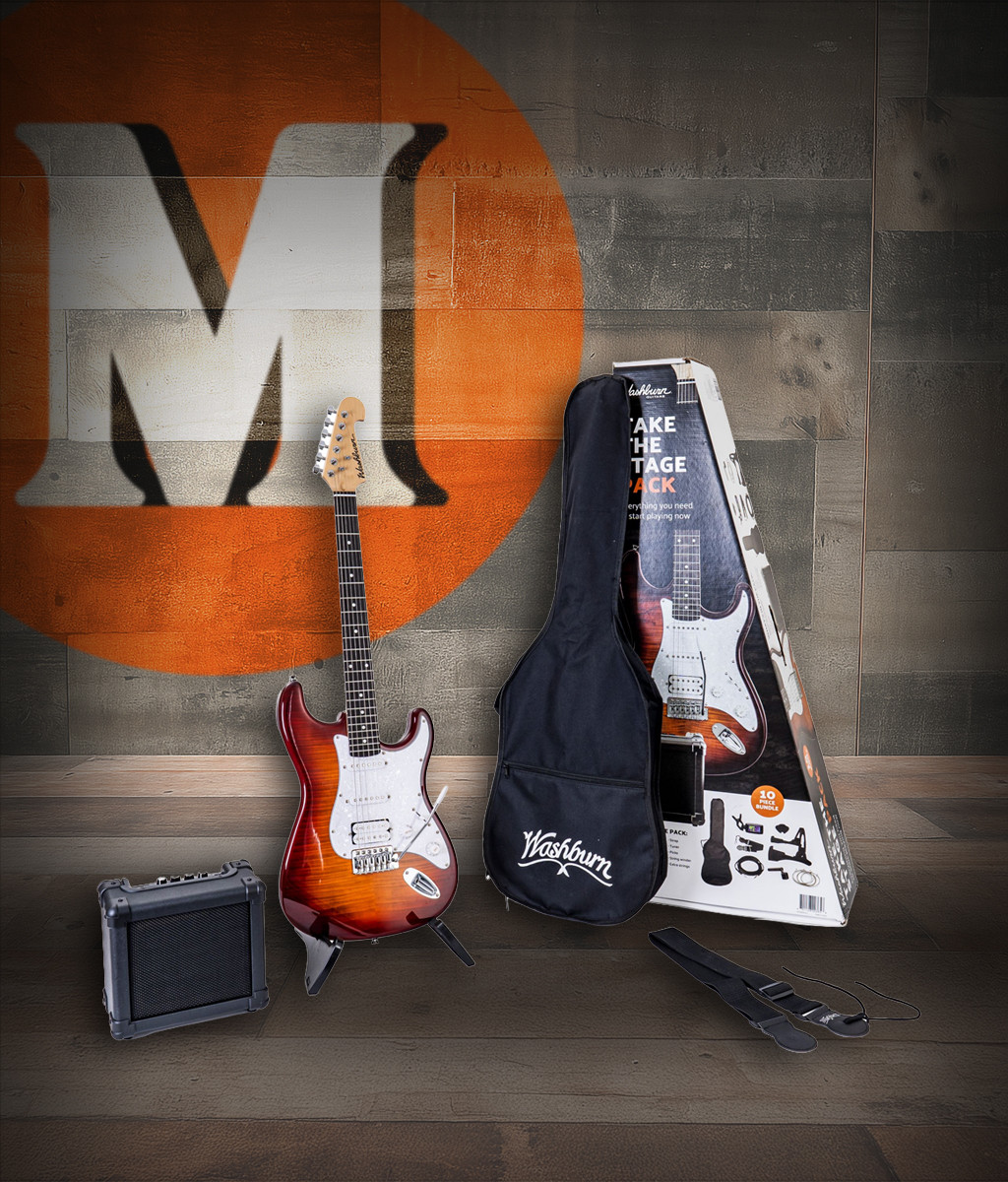 Washburn Sonamaster Take the Stage Electric Guitar Pack featuring Sonamaster guitar, practice amp, gig bag, and accessories.