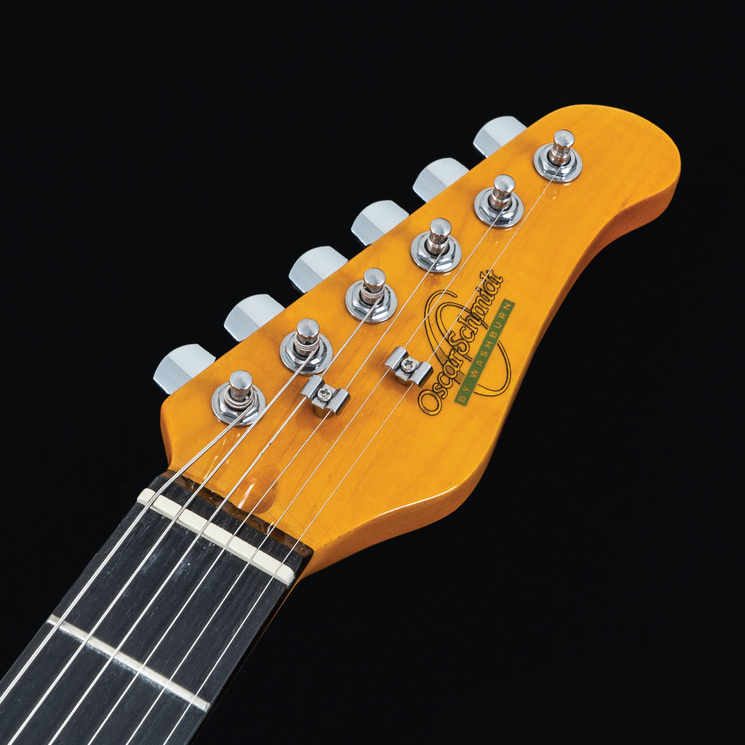 Oscar Schmidt OS-300-NH-A Double Cut Electric Guitar in Natural Finish with three single-coil pickups and maple neck.