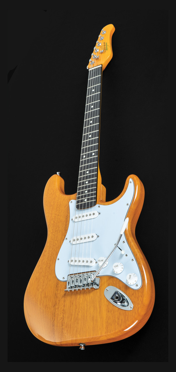 Oscar Schmidt OS-300-NH-A Double Cut Electric Guitar in Natural Finish with three single-coil pickups and maple neck.