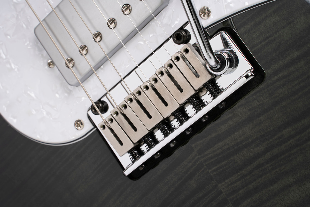 Cort G280SELECTTBK G Series Double Cutaway Electric Guitar in Trans Black finish featuring flamed maple top, two-point tremolo, and high-output humbucker pickups â€“ available at Musician Madness.