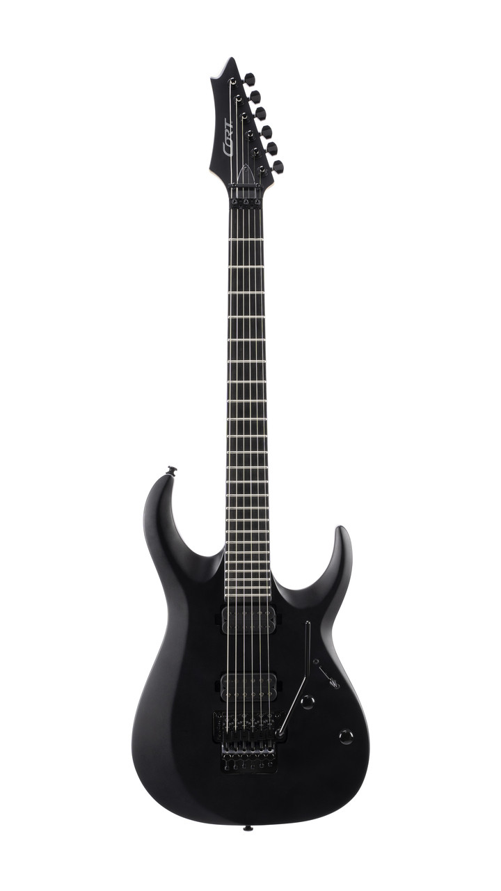 Cort X500MENACE Double Cutaway Electric Guitar in sleek Black Satin finish featuring EMG pickups, neck-through construction, and high-performance hardware – available at Musician Madness.