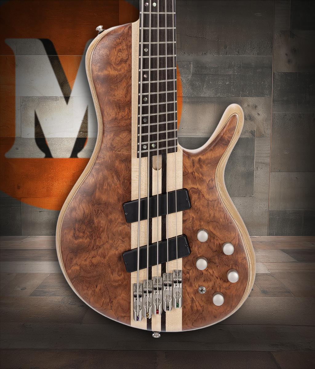 Cort A5BEYONDOPBN Artisan Series A5 Beyond 5-String Bass Guitar featuring Bubinga top, neck-through construction, Bartolini pickups, and Open Pore Natural finish â€“ available at Musician Madness.