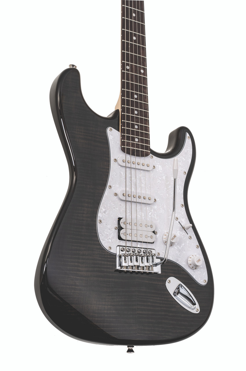 Washburn SDFTB Sonamaster Deluxe Electric Guitar in sleek Trans Black finish featuring contoured body, dual single-coil pickups, and Washburn craftsmanship â€“ available at Musician Madness.