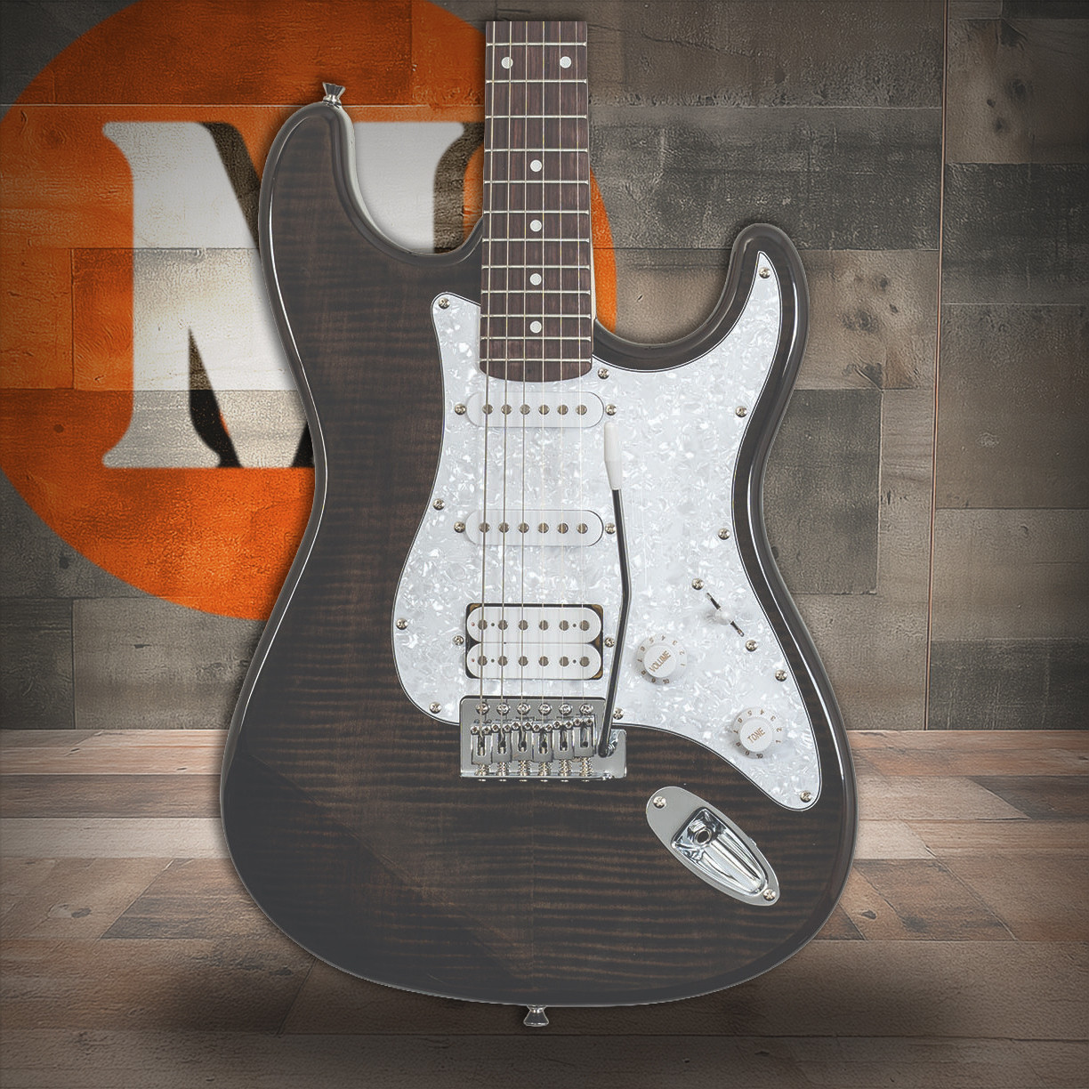 Washburn SDFTB Sonamaster Deluxe Electric Guitar in sleek Trans Black finish featuring contoured body, dual single-coil pickups, and Washburn craftsmanship – available at Musician Madness.