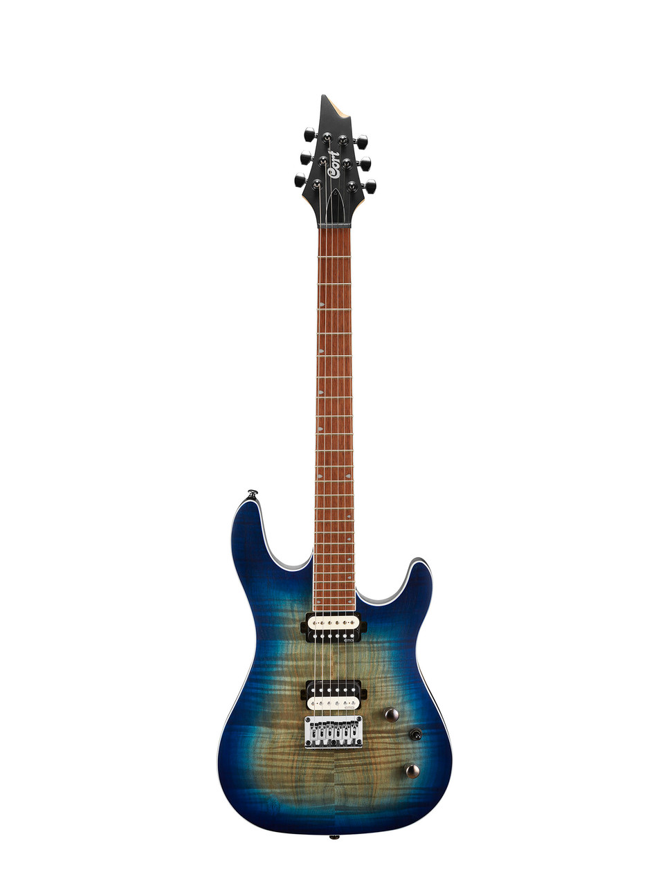 Cort KX300OPCB KX Series Electric Guitar in Open Pore Cobalt Burst finish featuring mahogany body, dual humbuckers, and sleek modern design â€“ available at Musician Madness.