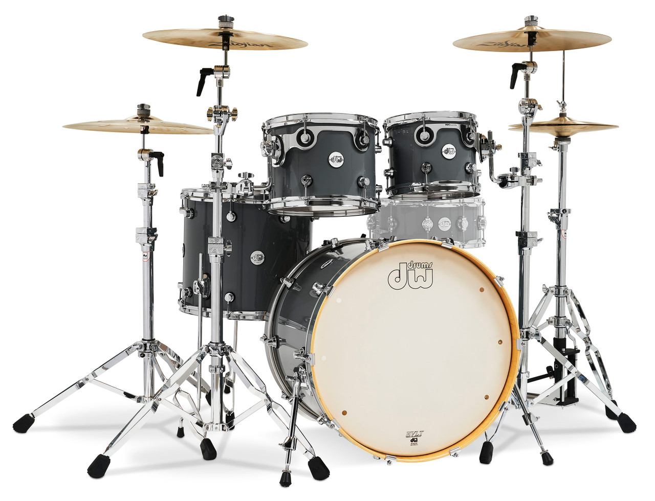 DW Design Series 4-Piece Maple Shell Pack in Steel Gray finish with chrome hardware featuring maple shells, professional sound, and premium DW craftsmanship - available at Musician Madness.