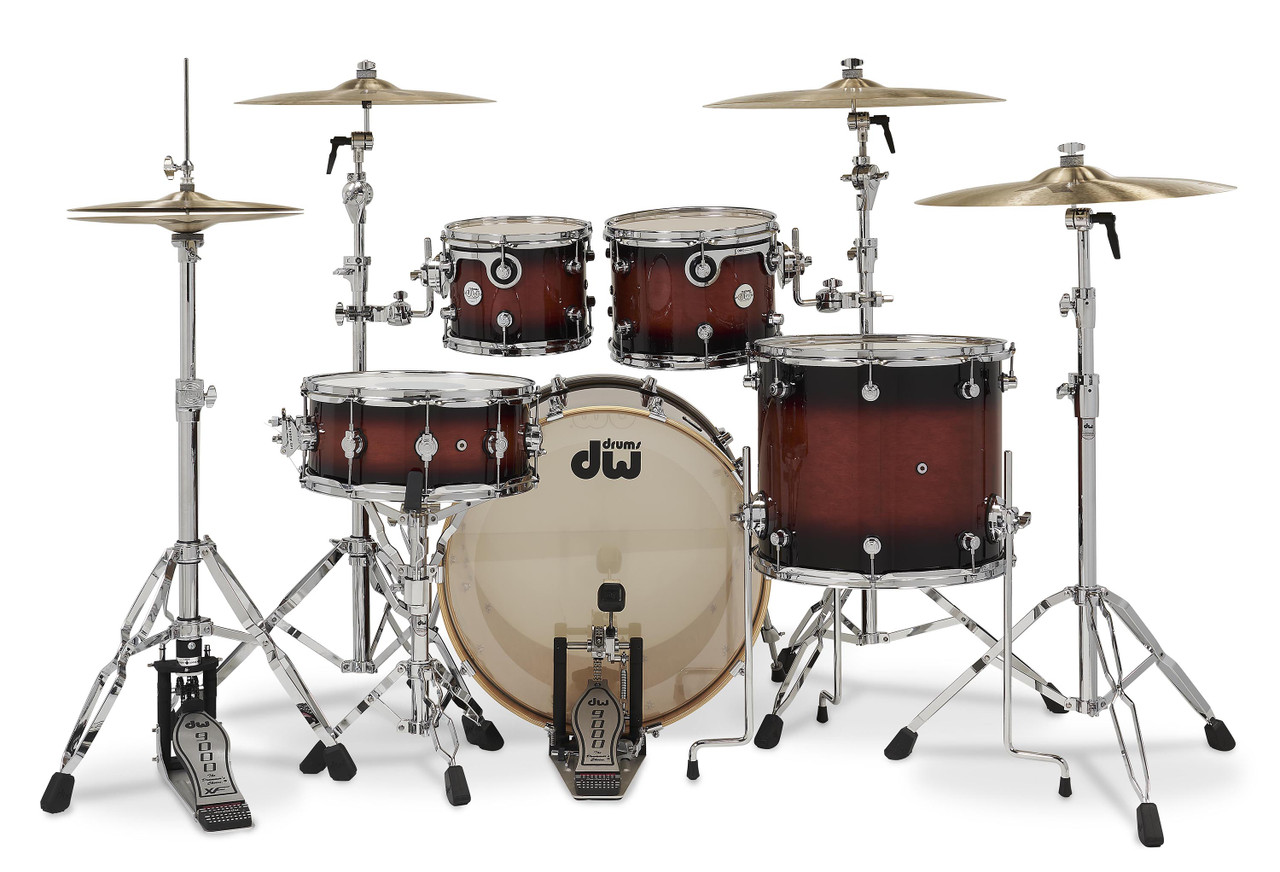 DW Design Series 4-Piece Maple Shell Pack in Tobacco Burst finish with chrome hardware featuring maple shells, pro DW tone, and stunning craftsmanship – available at Musician Madness.