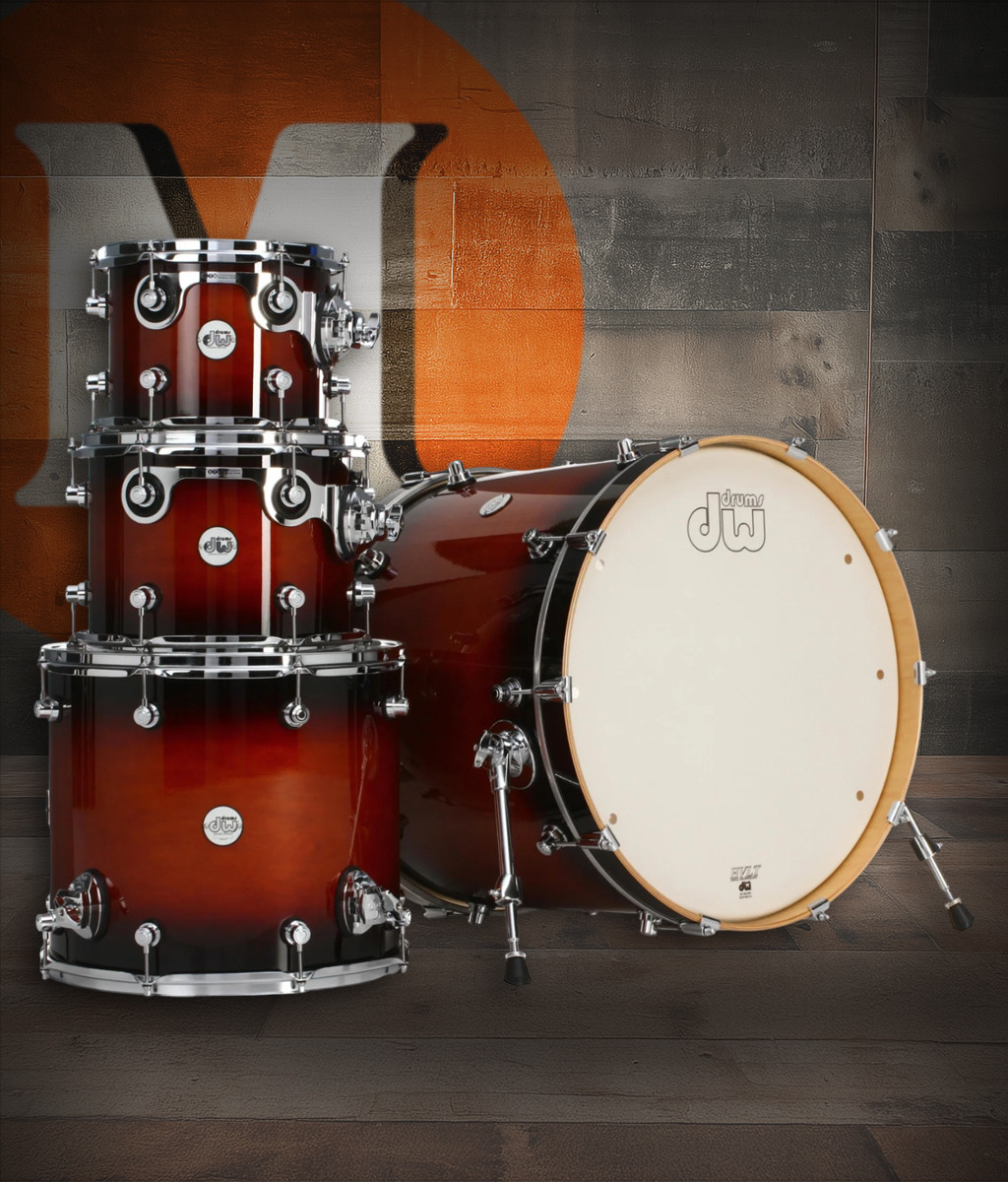 DW Design Series 4-Piece 22" Bass Drum Maple Shell Pack - Tobacco Burst w/Chrome Hardware | Musician Madness