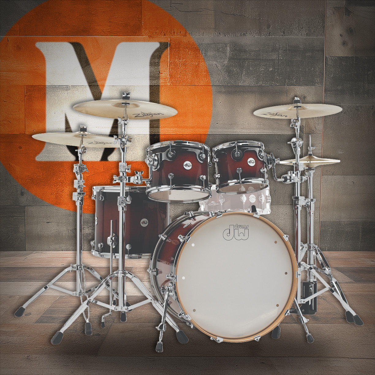 DW Design Series 4-Piece 22" Bass Drum Maple Shell Pack - Tobacco Burst w/Chrome Hardware | Musician Madness