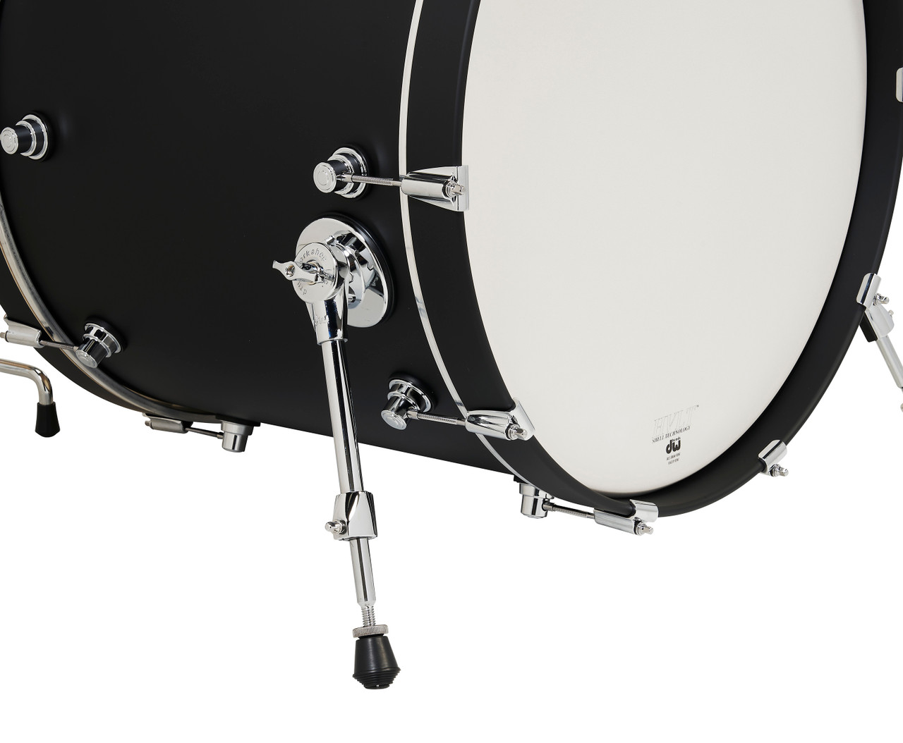 DW Design Series 4-Piece Drum Set in Black Satin finish featuring 22" bass drum, maple shells, chrome hardware, and professional DW craftsmanship – available at Musician Madness.