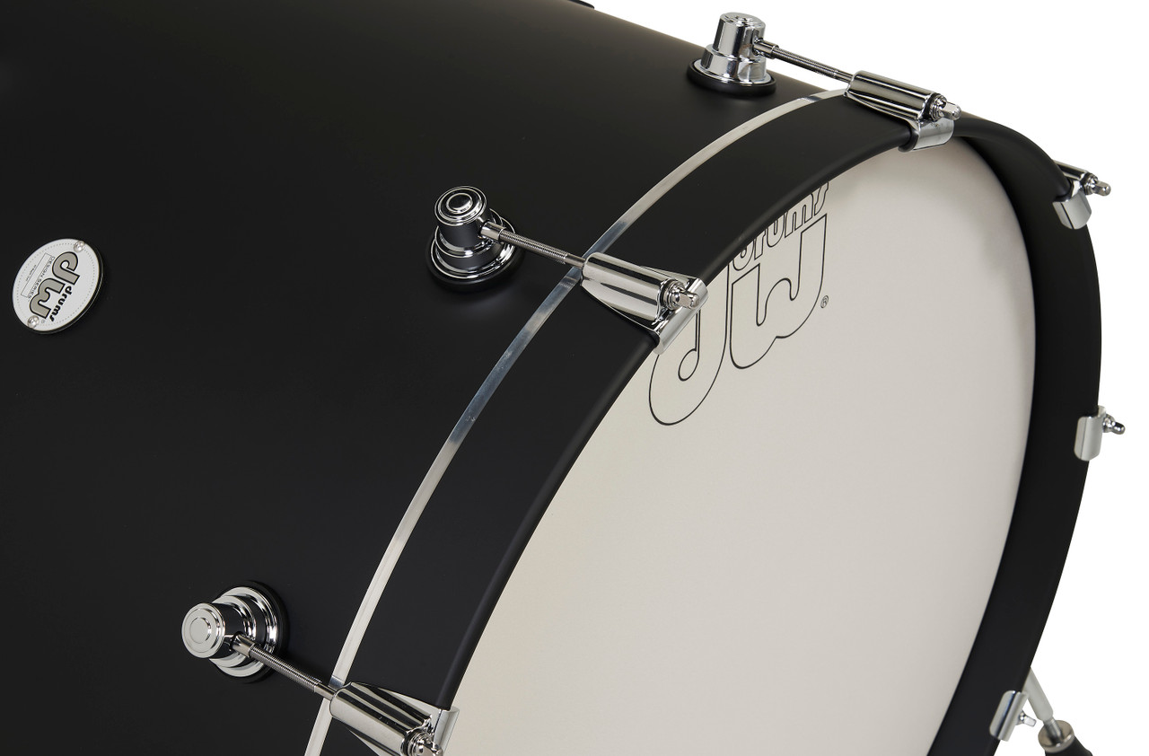 DW Design Series 4-Piece Drum Set in Black Satin finish featuring 22" bass drum, maple shells, chrome hardware, and professional DW craftsmanship – available at Musician Madness.