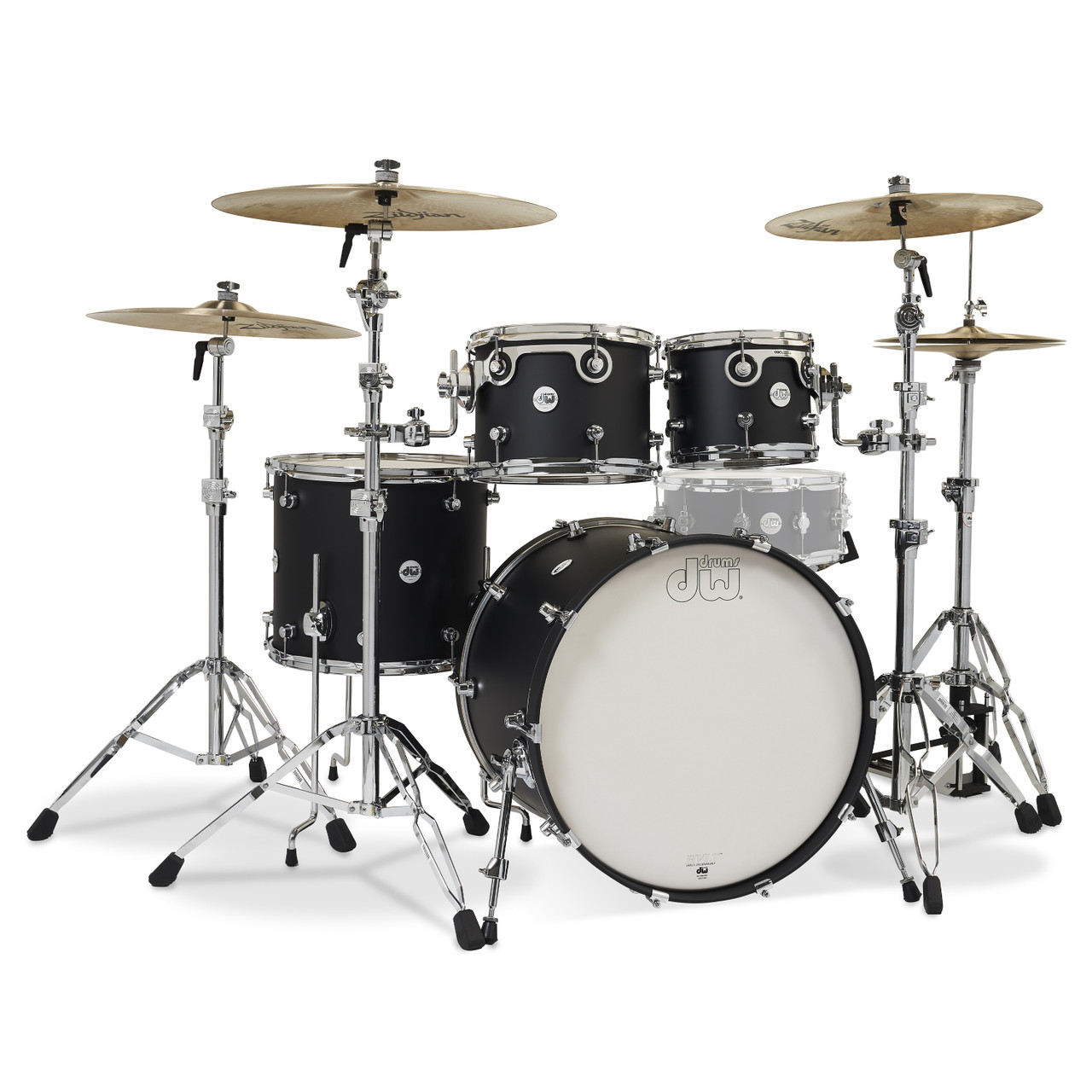 DW Design Series 4-Piece Drum Set in Black Satin finish featuring 22" bass drum, maple shells, chrome hardware, and professional DW craftsmanship – available at Musician Madness.