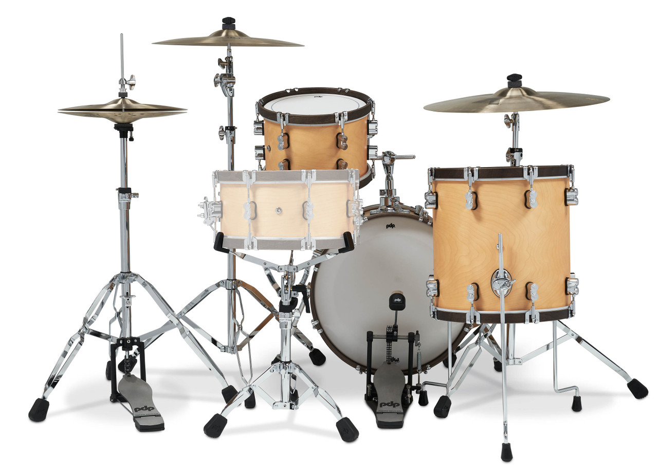 PDP PDCC1803NW Classic Bop Kit 4-piece drum set in Natural finish with Walnut hoops featuring maple shells, vintage tone, and compact jazz design - available at Musician Madness.