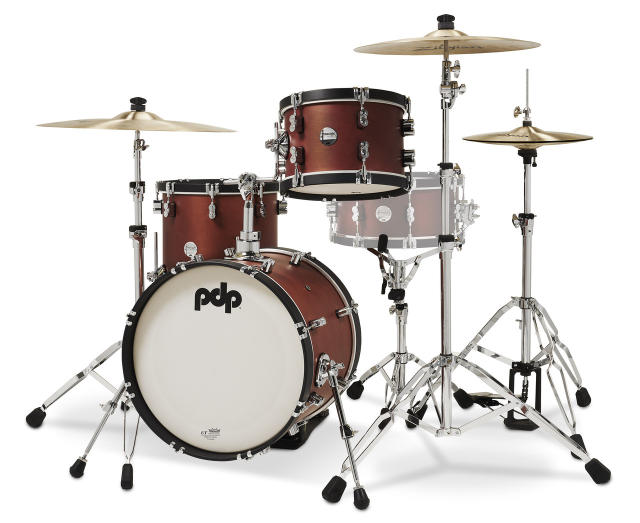 PDP PDCC1803OE Classic Bop Kit 4-piece drum set in Ox Blood finish with Ebony hoops featuring maple shells, vintage tone, and compact jazz design - available at Musician Madness.