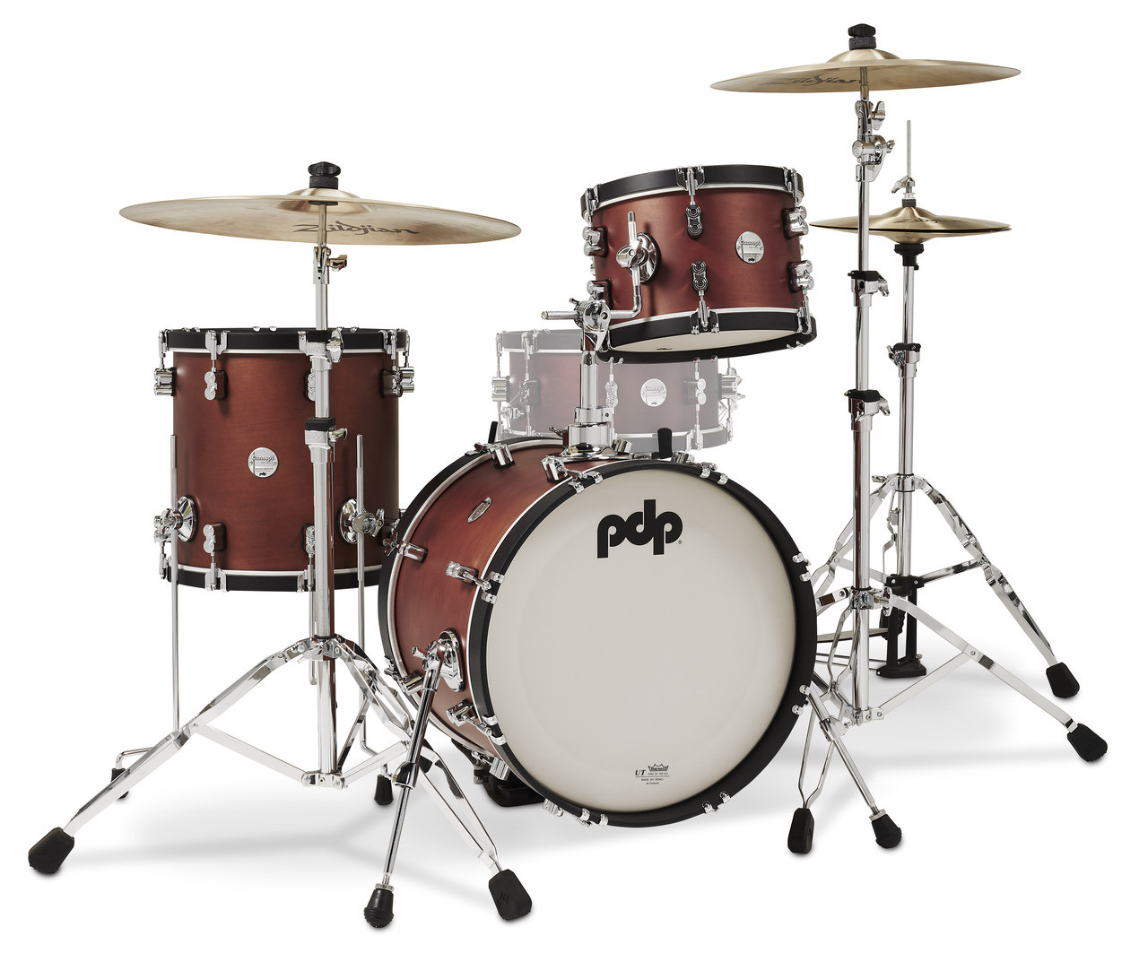 PDP PDCC1803OE Classic Bop Kit 4-piece drum set in Ox Blood finish with Ebony hoops featuring maple shells, vintage tone, and compact jazz design - available at Musician Madness.