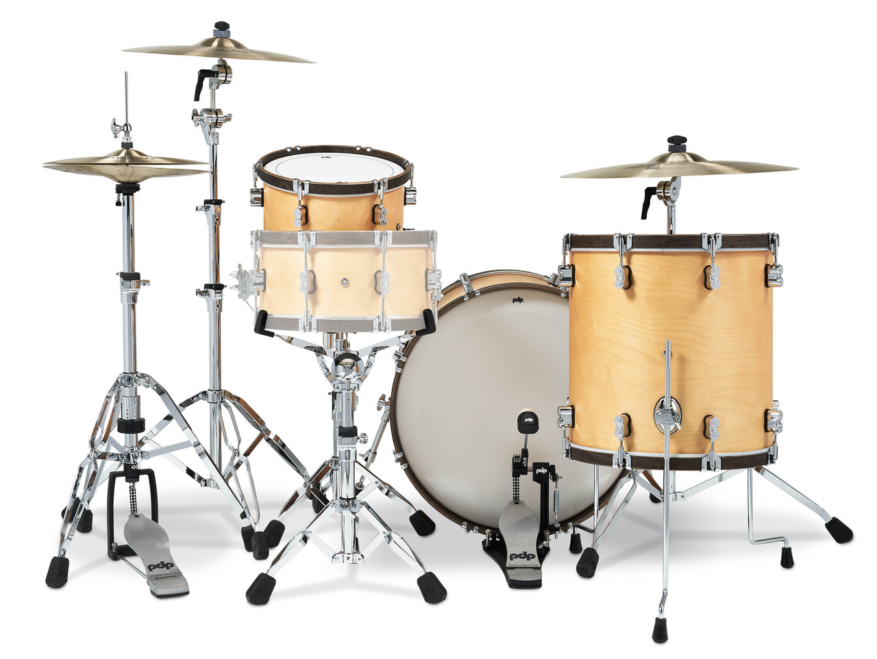 PDP PDCC2213NW Classic Kit 4-piece drum set in Natural finish with Walnut hoops featuring maple shells, 22" kick drum, and vintage-inspired design - available at Musician Madness.