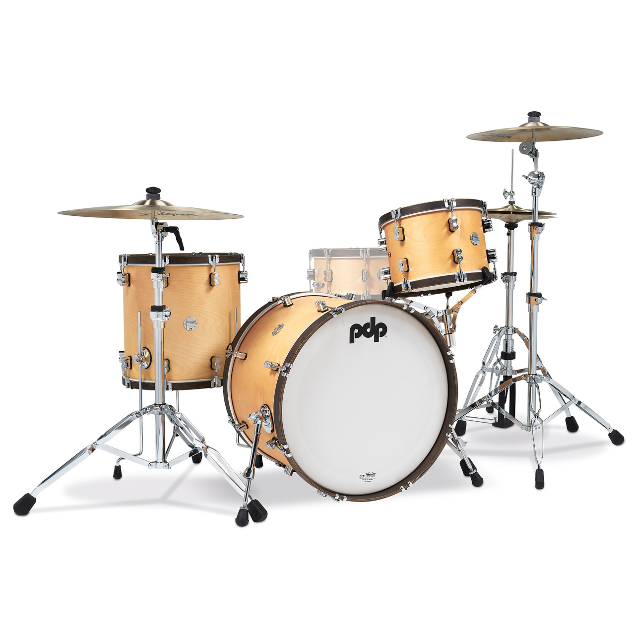 PDP PDCC2213NW Classic Kit 4-piece drum set in Natural finish with Walnut hoops featuring maple shells, 22" kick drum, and vintage-inspired design - available at Musician Madness.