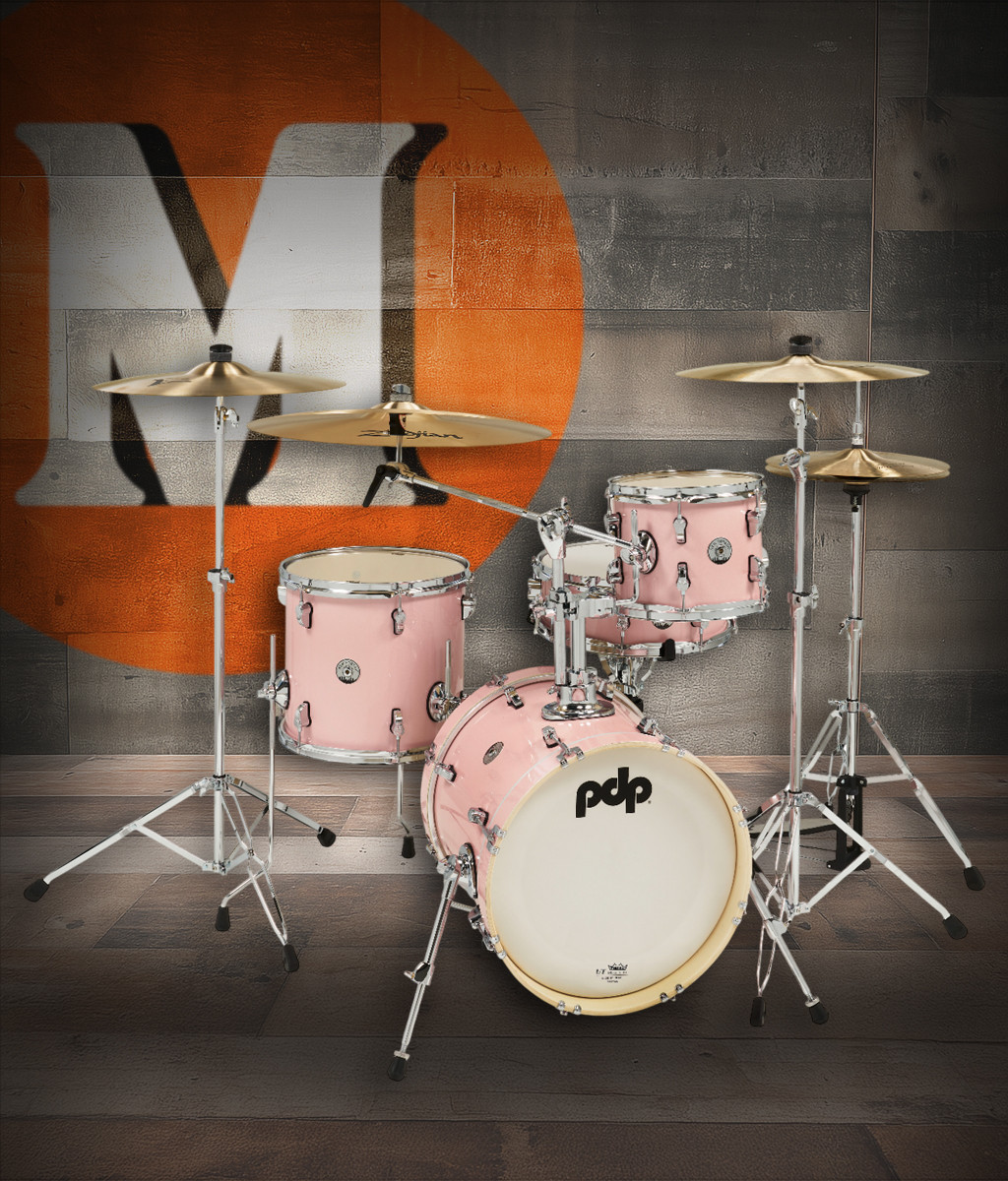 PDP PDNY1604PR New Yorker 4-Piece Drum Kit in Pale Rose Sparkle finish with chrome hardware featuring maple shells, compact design, and full PDP tone - available at Musician Madness.