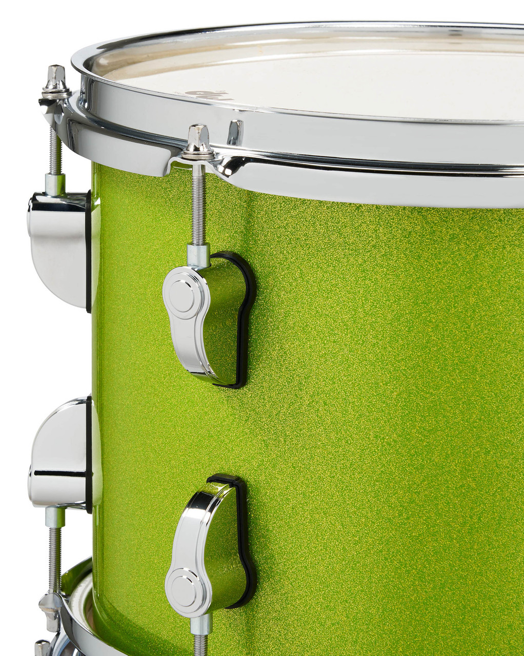 PDP PDNY1604EL New Yorker 4-Piece Drum Kit in Electric Green Sparkle finish with chrome hardware featuring maple shells, compact size, and full PDP tone - available at Musician Madness.