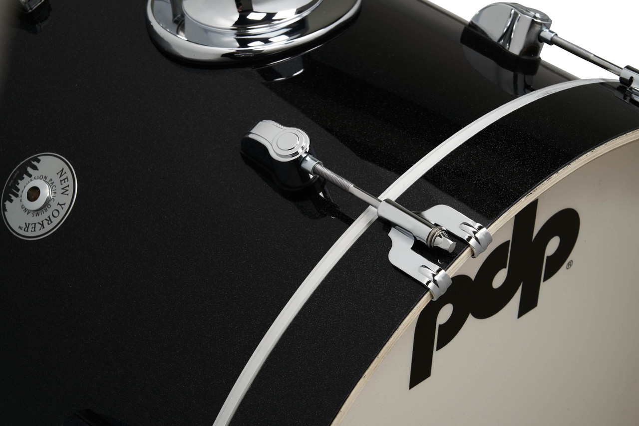 PDP PDNY1604BO New Yorker 4-Piece Drum Kit in Black Onyx Sparkle finish with chrome hardware featuring maple shells, compact body, and pro PDP tone - available at Musician Madness.