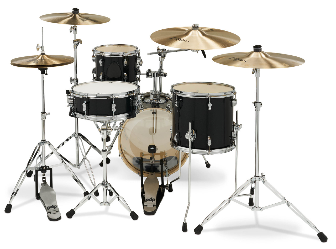 PDP PDNY1604BO New Yorker 4-Piece Drum Kit in Black Onyx Sparkle finish with chrome hardware featuring maple shells, compact body, and pro PDP tone - available at Musician Madness.