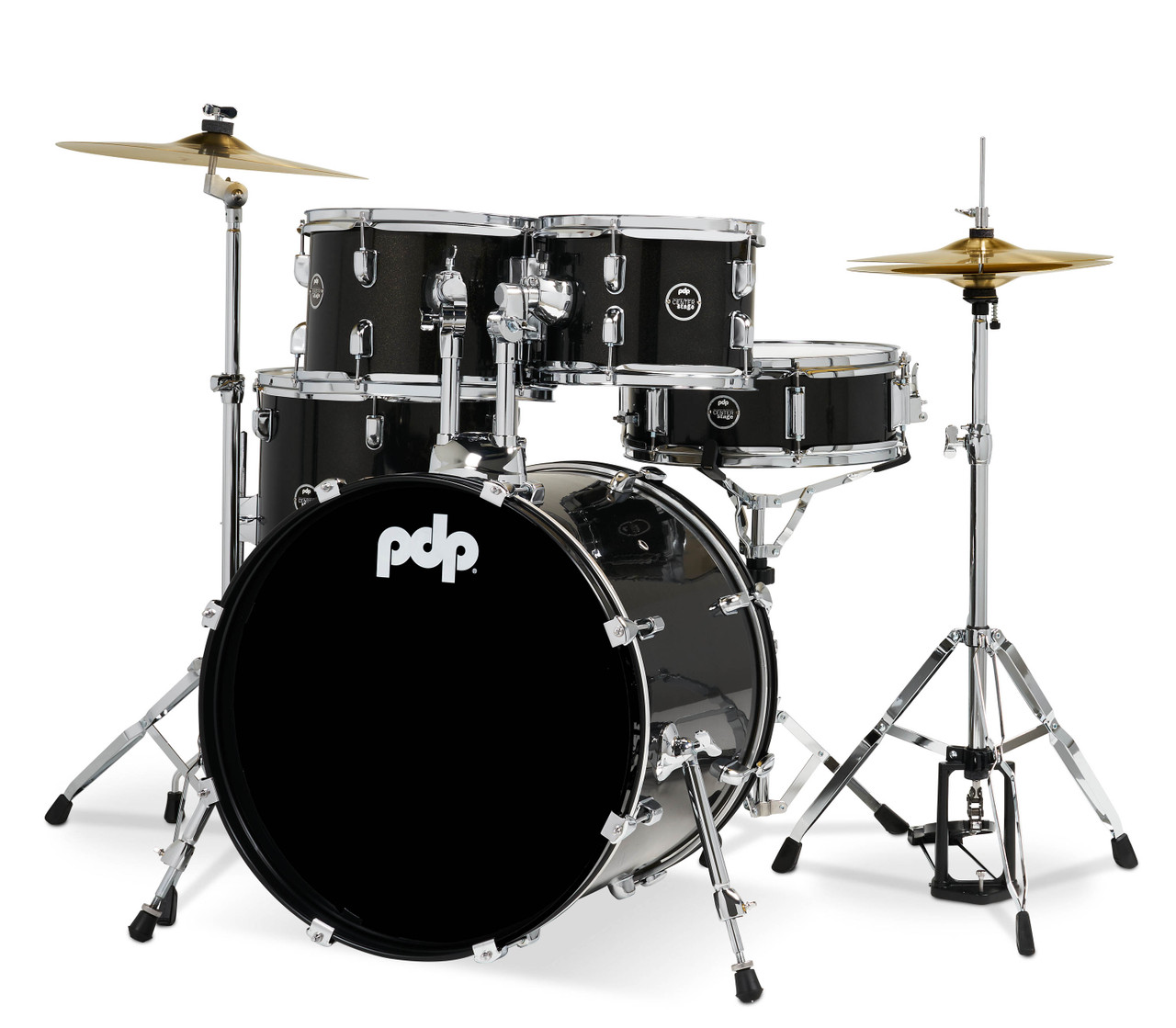 PDP PDCE2015KTIB Centerstage 5-Piece Drum Set in Iridescent Black finish with hardware, cymbals, and throne featuring poplar shells and everything needed to start drumming - available at Musician Madness.