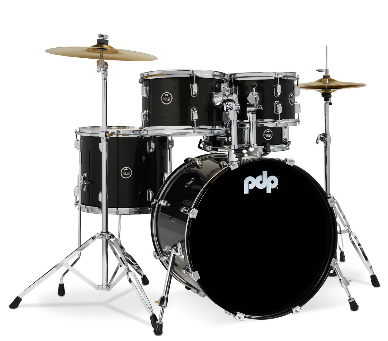 PDP PDCE2015KTIB Centerstage 5-Piece Drum Set in Iridescent Black finish with hardware, cymbals, and throne featuring poplar shells and everything needed to start drumming - available at Musician Madness.