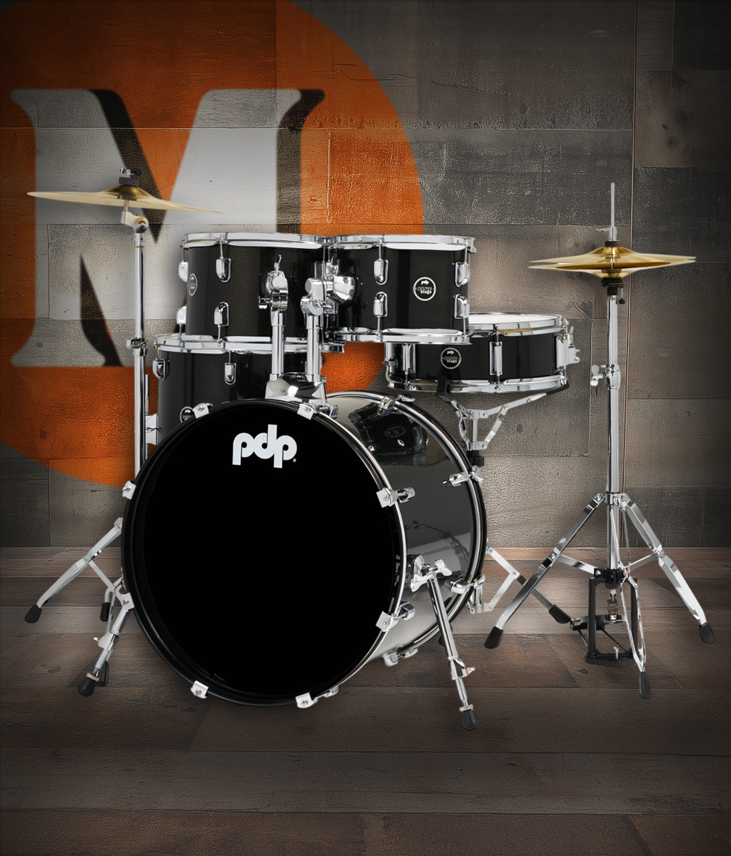PDP PDCE2015KTIB Centerstage 5-Piece Drum Set in Iridescent Black finish with hardware, cymbals, and throne featuring poplar shells and everything needed to start drumming - available at Musician Madness.