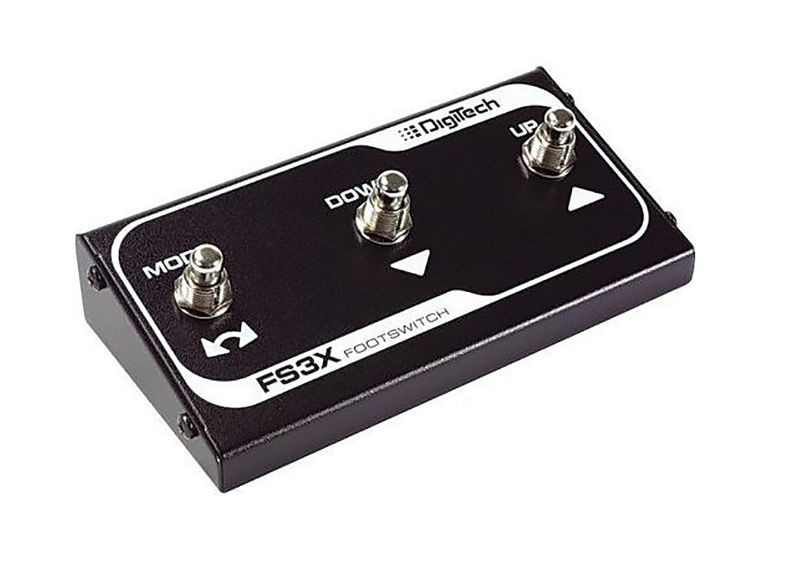 Digitech FS3X 3-Button Footswitch with durable metal housing and labeled switches for mode, down, and up control â€” perfect for Digitech effects pedals.