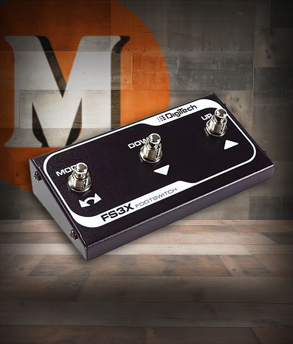 Digitech FS3X 3-Button Footswitch with durable metal housing and labeled switches for mode, down, and up control — perfect for Digitech effects pedals.