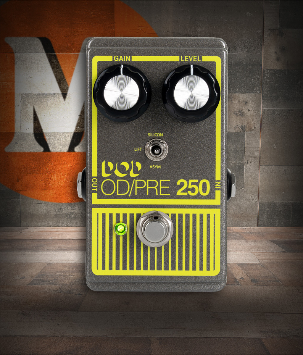 Digitech DOD250-X 10th Iteration Overdrive Preamp 250 pedal featuring signature yellow housing, gain and level controls, and modern circuitry for vintage overdrive tones.
