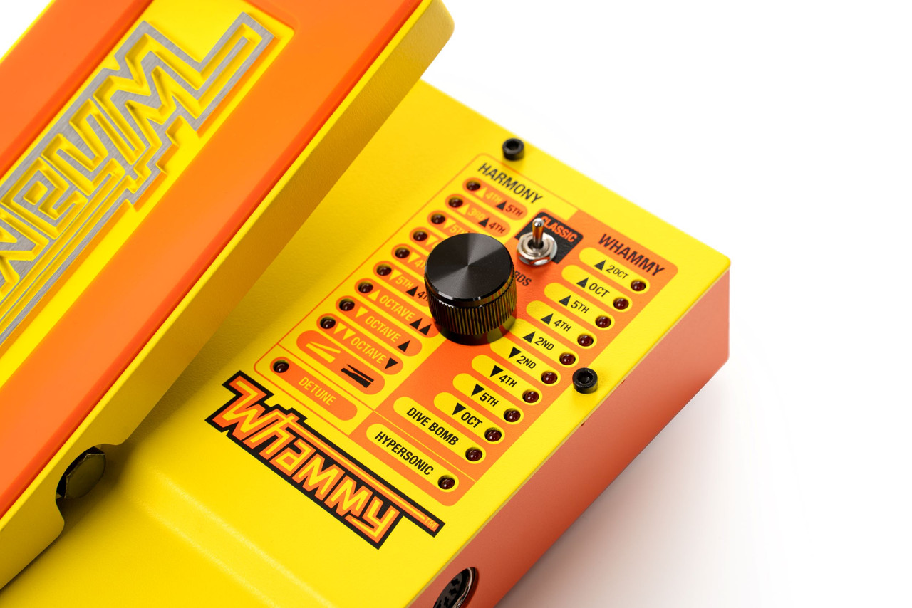 Digitech WHAMMYMN MonoNeon Signature Whammy pedal in neon orange and yellow finish with expression treadle, delivering signature pitch-shifting and harmony effects.