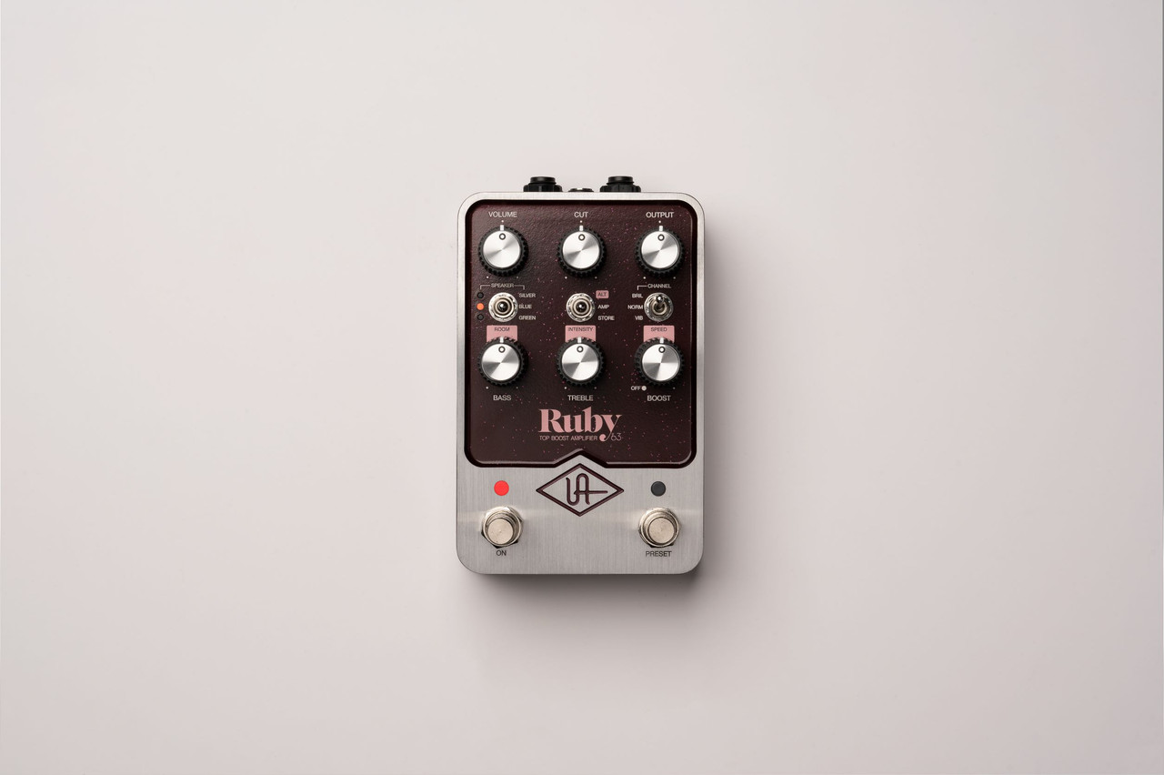 Universal Audio RUBY '63 Top Boost Amplifier pedal featuring dual footswitches, vintage-style controls, and authentic British amp emulation with rich tube dynamics.
