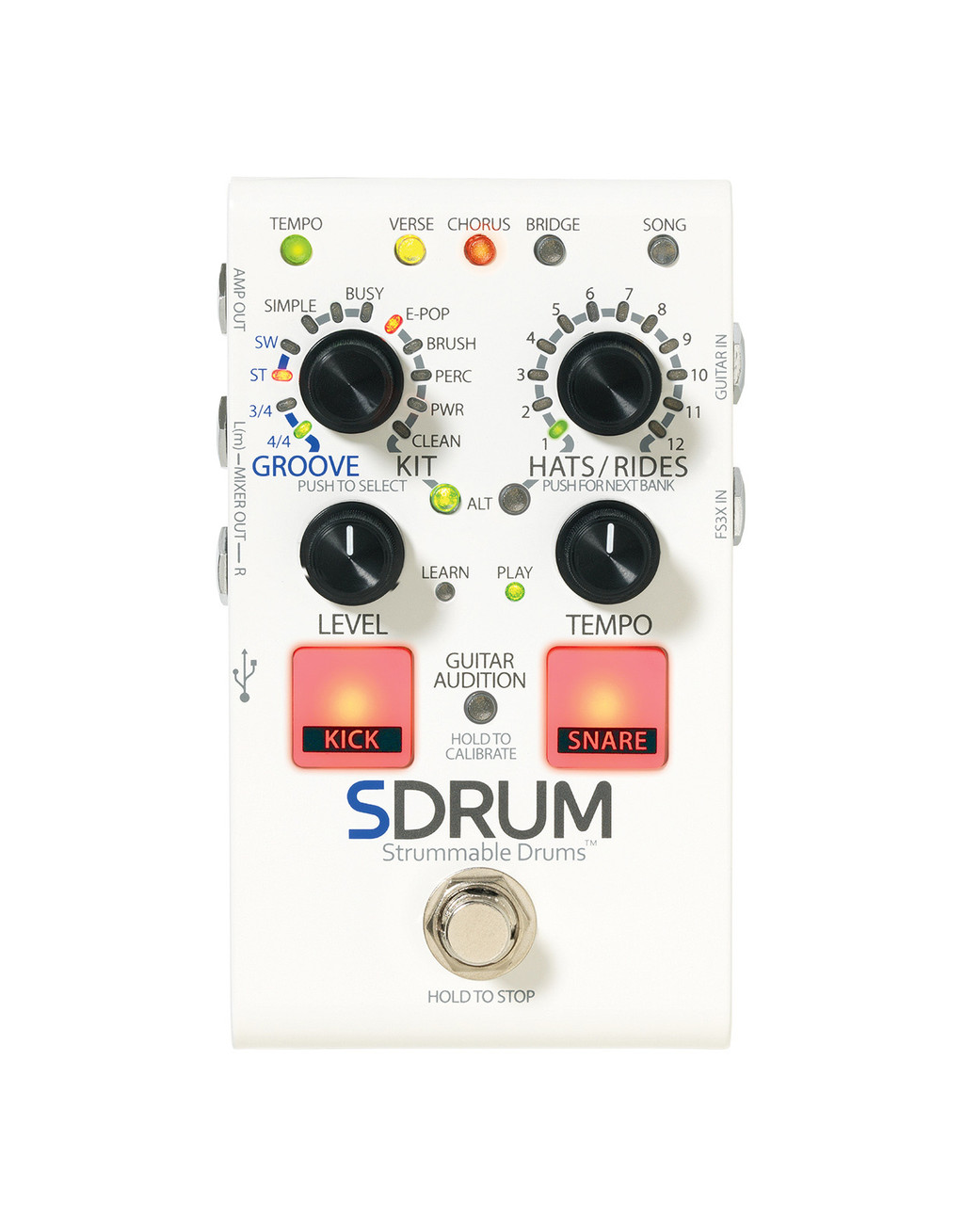 Digitech SDRUM Strummable Drum Pedal featuring intuitive layout with instrument input, rhythm controls, and performance-ready drum patterns for guitarists and songwriters.