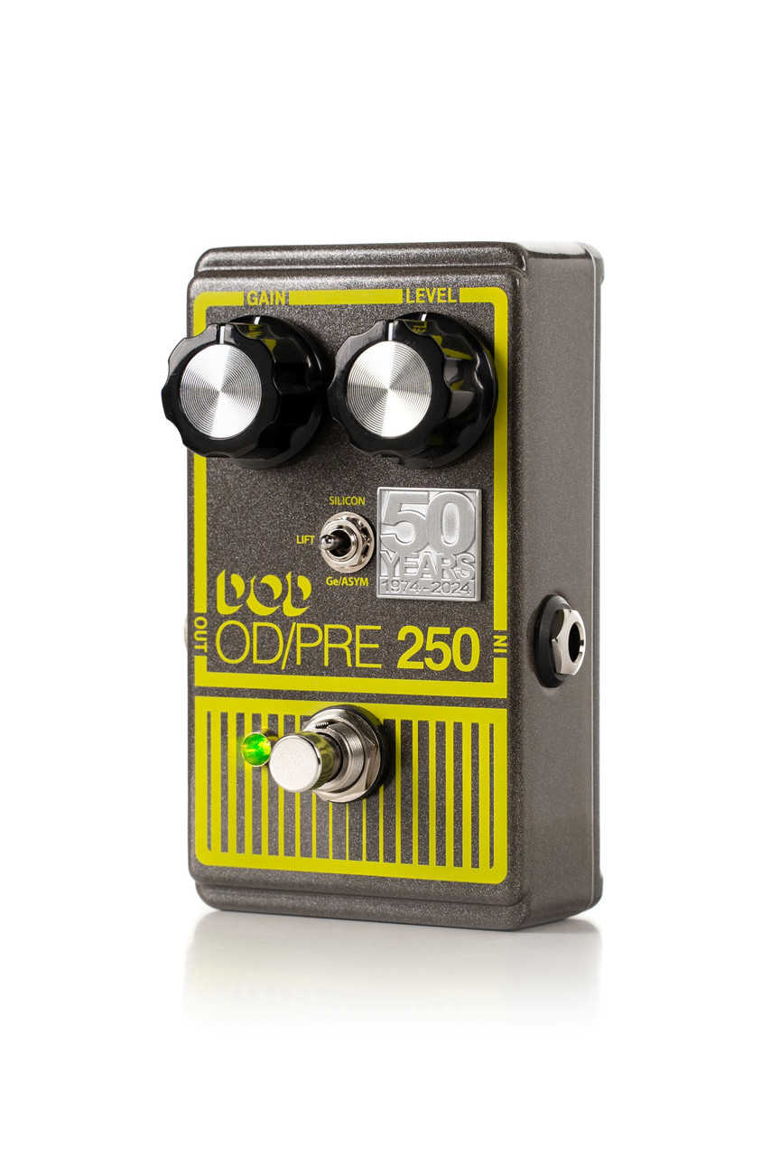 Digitech DOD-250-50TH Overdrive Preamp 250 50th Anniversary Edition pedal featuring classic yellow finish, dual controls, and reissued circuitry honoring the original 1970s tone.
