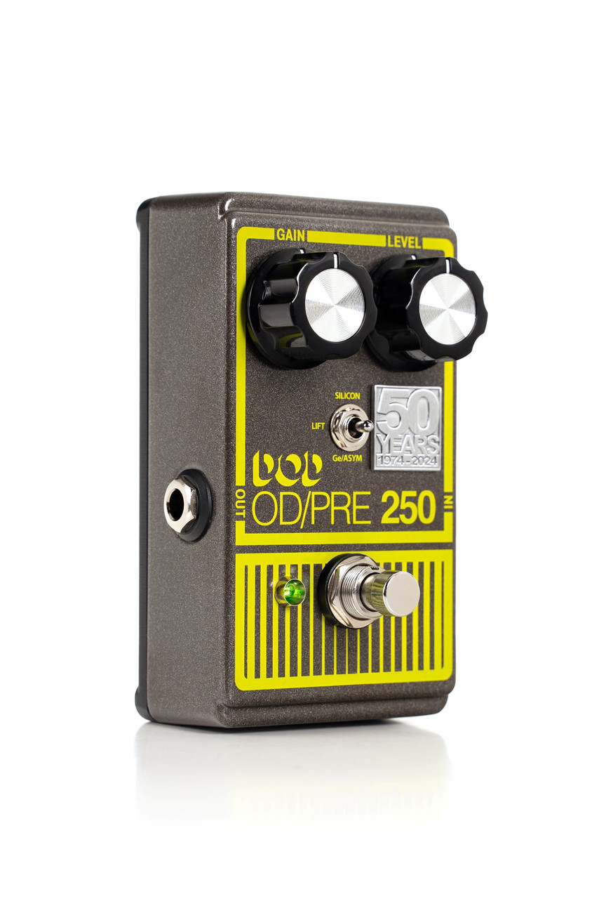 Digitech DOD-250-50TH Overdrive Preamp 250 50th Anniversary Edition pedal featuring classic yellow finish, dual controls, and reissued circuitry honoring the original 1970s tone.