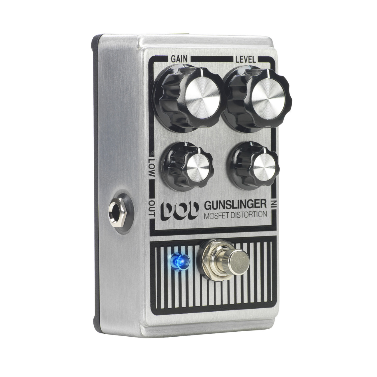 Digitech DOD-GUNSLINGER Mosfet Distortion Pedal featuring rugged silver housing, dual-level controls, and warm tube-like distortion perfect for modern rock and metal tones.