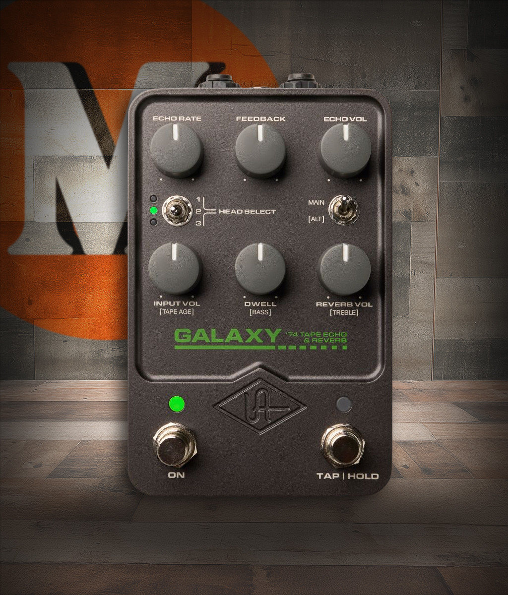 Universal Audio GALAXY '74 Tape Echo and Reverb Pedal featuring dual footswitches, classic space-echo design, and authentic tape delay with built-in reverb for guitarists.