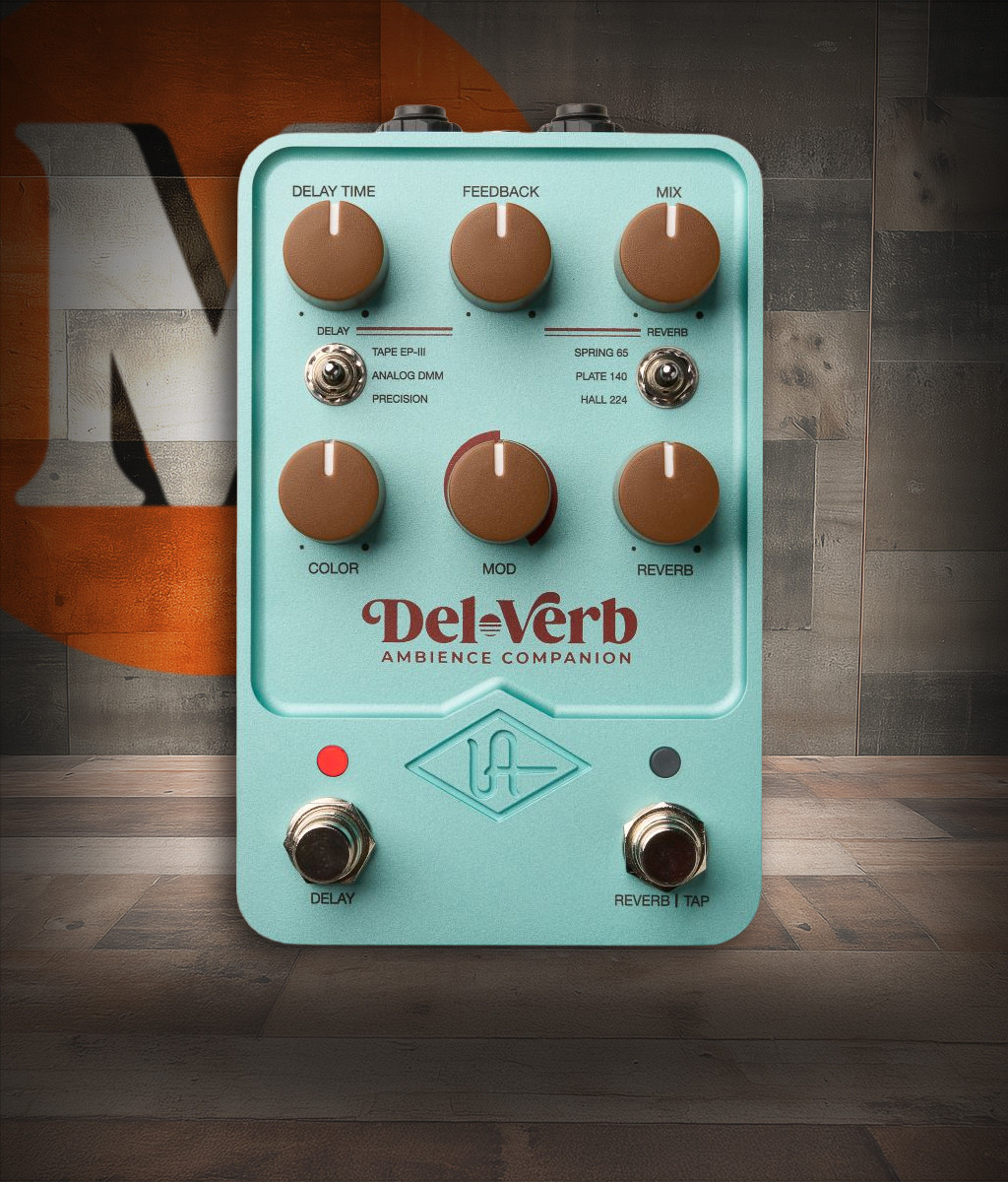 Universal Audio DEL-VERB Ambience Companion Reverb and Delay Pedal featuring dual footswitches, UAFX design, and lush reverb and delay effects for versatile ambient soundscapes.