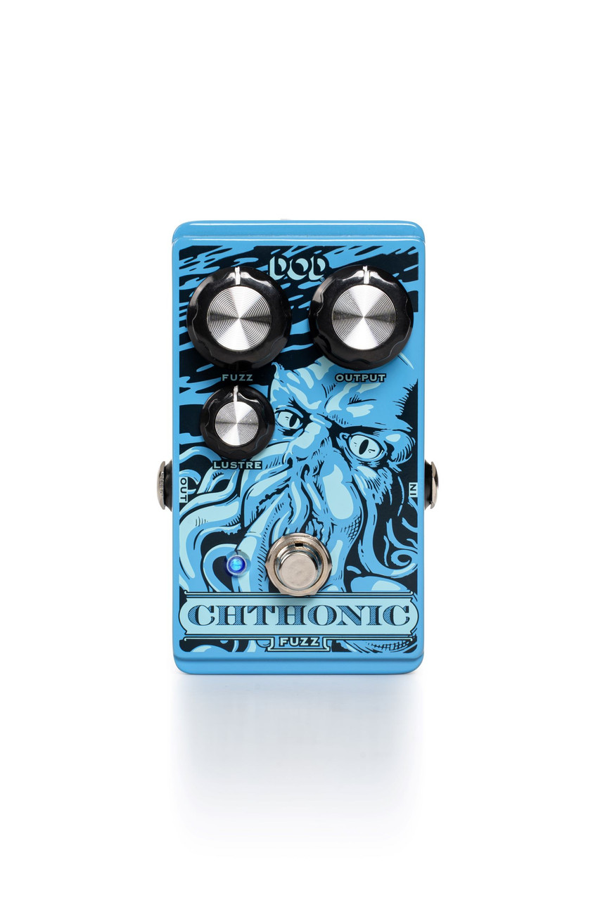 Digitech DOD-CHTHONIC Fuzz Pedal featuring dark green finish, dual level and fuzz controls, and aggressive tone shaping for thick, saturated guitar distortion.