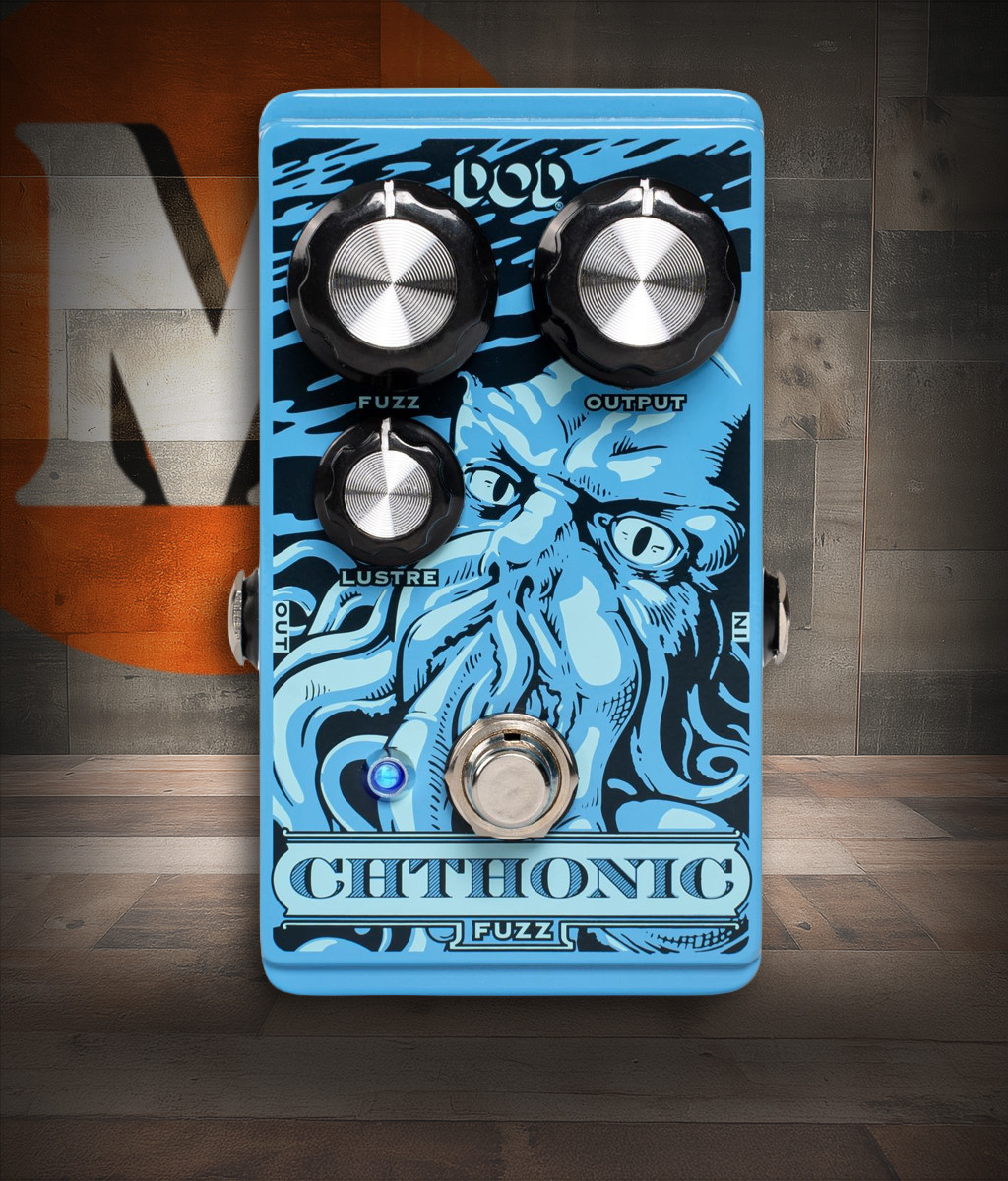 Digitech DOD-CHTHONIC Fuzz Pedal featuring dark green finish, dual level and fuzz controls, and aggressive tone shaping for thick, saturated guitar distortion.