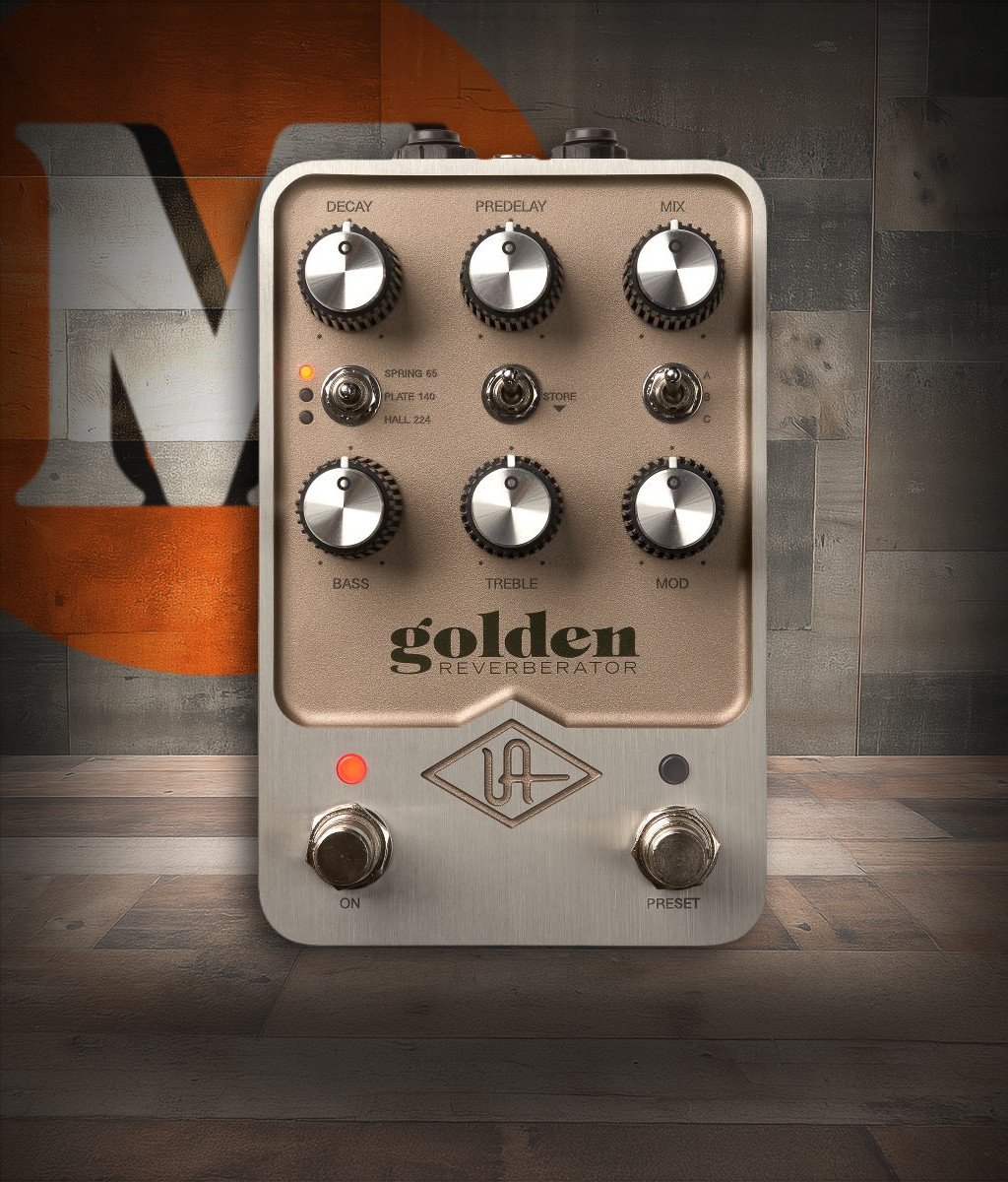 Universal Audio GOLDEN Reverberator Stereo Effects Pedal featuring dual footswitches, classic reverb type selector, and authentic UAFX modeling of vintage reverb units.